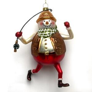 Vintage Glass Ornament Snowman Fishing 6 In Tall